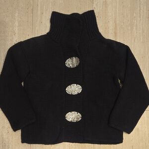 Pure Handknit Vintage Black Chunky Silver Accent Snap Collar Cardigan